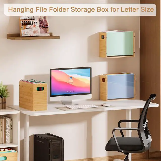 Alt view image 3 of 7 - Sbanmao Acrylic Wall File Organizer, Hanging File Folder Organizer with Handle, Bamboo File Box File Crate Storage Box, Portable Filing Organizer for Home Office Classroom (Letter Size, 2 Pack)