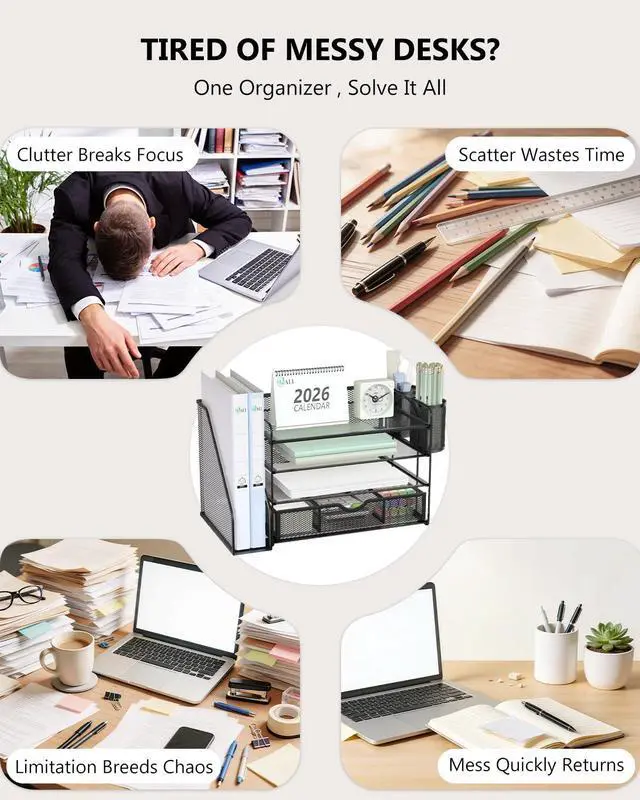 Alt view image 3 of 7 - WALI Desk File Organizer, 4 Tier Desktop Paper Letter Tray Organizer with Drawer and 2 Pen Holders, Office Desk Accessories & Workspace Organizers for Office, Home Supplies(DO005DH-B), 1 Pack, Black