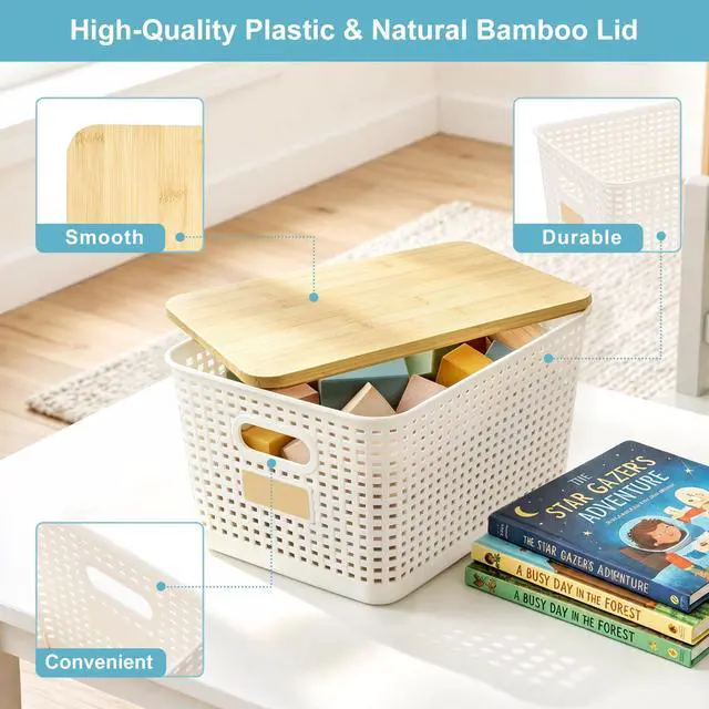 Alt view image 2 of 7 - Bagnizer 2 Pack Tall Plastic Storage Bins with Bamboo Lids, 10.8qt Stackable Storages Baskets for Organizing Desktop Closet Playroom Classroom Office, 12"L x 8.3"W x 6.1"H, Cream White