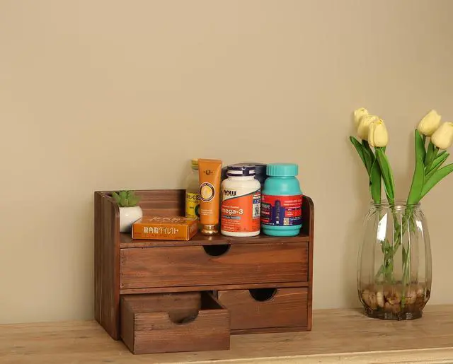Alt view image 4 of 7 - Brown Wooden 3 Drawer Desk Organizer with Shelf, Mail Rack Vanity Storage