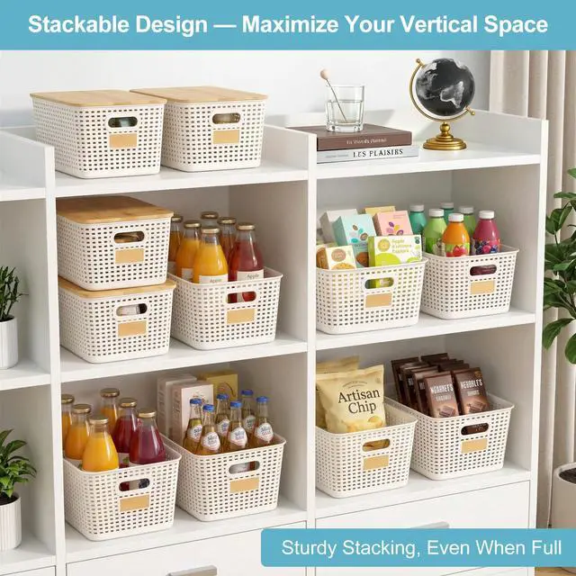 Alt view image 3 of 7 - Bagnizer 2 Pack Tall Plastic Storage Bins with Bamboo Lids, 10.8qt Stackable Storages Baskets for Organizing Desktop Closet Playroom Classroom Office, 12"L x 8.3"W x 6.1"H, Cream White