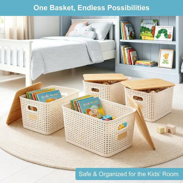 Alt view image 4 of 7 - Bagnizer 2 Pack Tall Plastic Storage Bins with Bamboo Lids, 10.8qt Stackable Storages Baskets for Organizing Desktop Closet Playroom Classroom Office, 12"L x 8.3"W x 6.1"H, Cream White