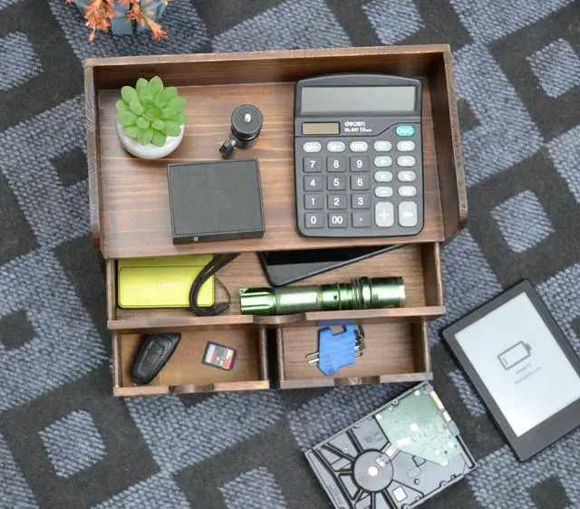 Alt view image 6 of 7 - Brown Wooden 3 Drawer Desk Organizer with Shelf, Mail Rack Vanity Storage