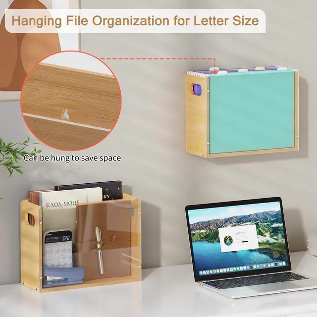 Alt view image 6 of 7 - Sbanmao Acrylic Wall File Organizer, Hanging File Folder Organizer with Handle, Bamboo File Box File Crate Storage Box, Portable Filing Organizer for Home Office Classroom (Letter Size, 2 Pack)