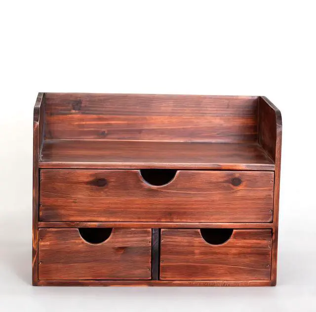 Alt view image 7 of 7 - Brown Wooden 3 Drawer Desk Organizer with Shelf, Mail Rack Vanity Storage