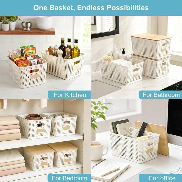 Alt view image 5 of 7 - Bagnizer 2 Pack Tall Plastic Storage Bins with Bamboo Lids, 10.8qt Stackable Storages Baskets for Organizing Desktop Closet Playroom Classroom Office, 12"L x 8.3"W x 6.1"H, Cream White