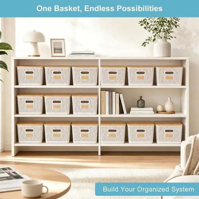 Alt view image 6 of 7 - Bagnizer 2 Pack Tall Plastic Storage Bins with Bamboo Lids, 10.8qt Stackable Storages Baskets for Organizing Desktop Closet Playroom Classroom Office, 12"L x 8.3"W x 6.1"H, Cream White