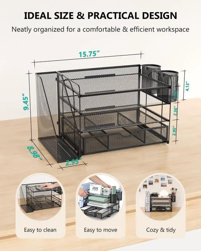 Alt view image 7 of 7 - WALI Desk File Organizer, 4 Tier Desktop Paper Letter Tray Organizer with Drawer and 2 Pen Holders, Office Desk Accessories & Workspace Organizers for Office, Home Supplies(DO005DH-B), 1 Pack, Black