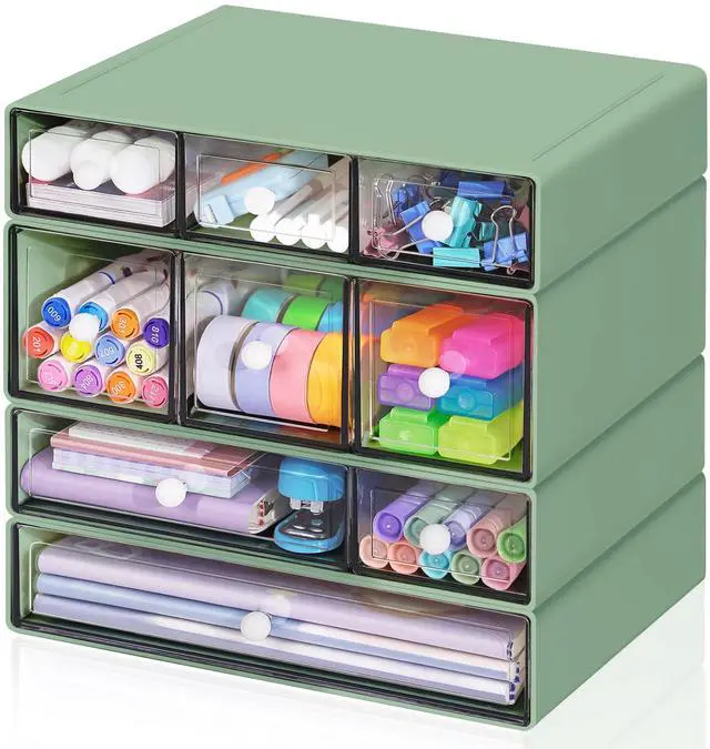 Main image of Desk Storage Organizer with 9 Drawers, 4 Tiers Stackable Desktop Craft Storage Drawers, Clear Storage Box Caddy for Stationary Makeup Jewelry Office Craft Supplies (Green)