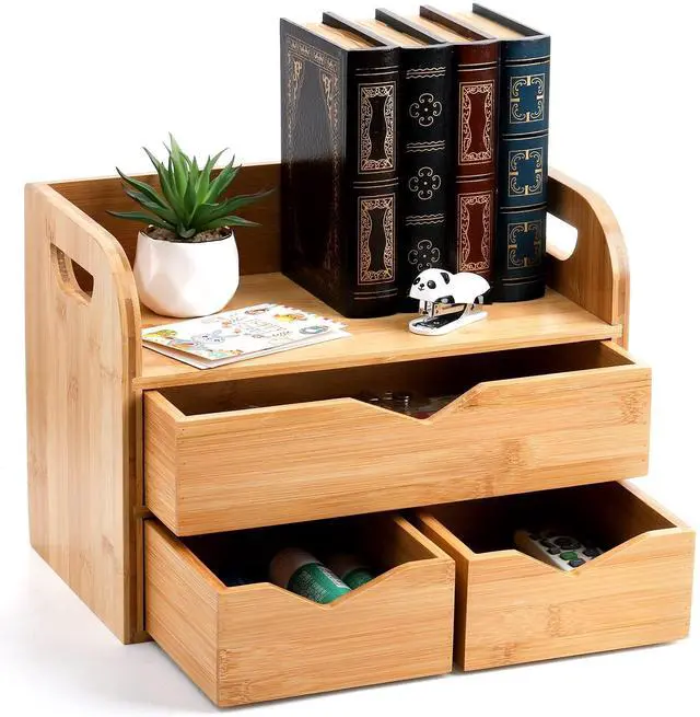 Main image of Hacaroa 3 Tier Bamboo Desktop Organizer with 3 Drawers, Tabletop Craft Box Cosmetic Storage Drawer with Handle, Portable Desk Letter Mail Sorter for Office Supply, Toiletries
