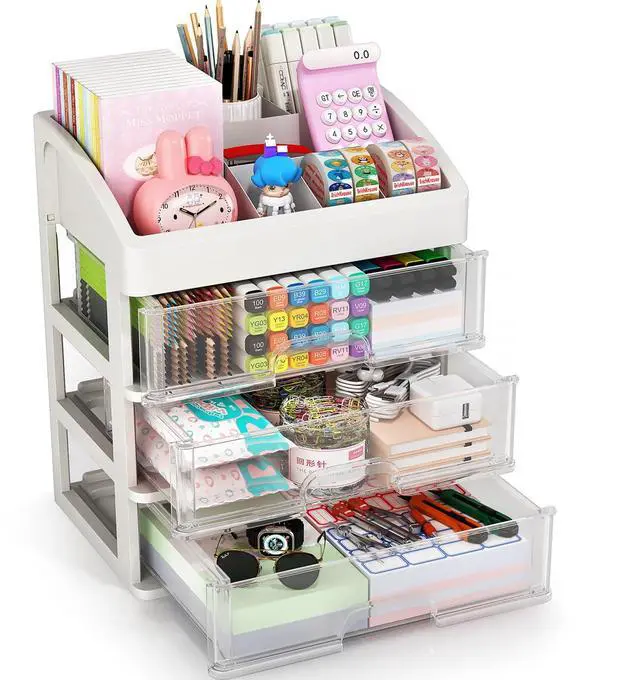 Main image of Desk Organizer with Drawers, 3 Drawers Storage Organizer, Desktop Storage Drawers for Office/School Supplies, Plastic Stationary Makeup Organizer, Desk Storage Box for Office, School, Home