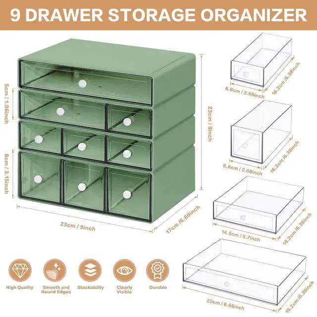 Alt view image 2 of 7 - Desk Storage Organizer with 9 Drawers, 4 Tiers Stackable Desktop Craft Storage Drawers, Clear Storage Box Caddy for Stationary Makeup Jewelry Office Craft Supplies (Green)