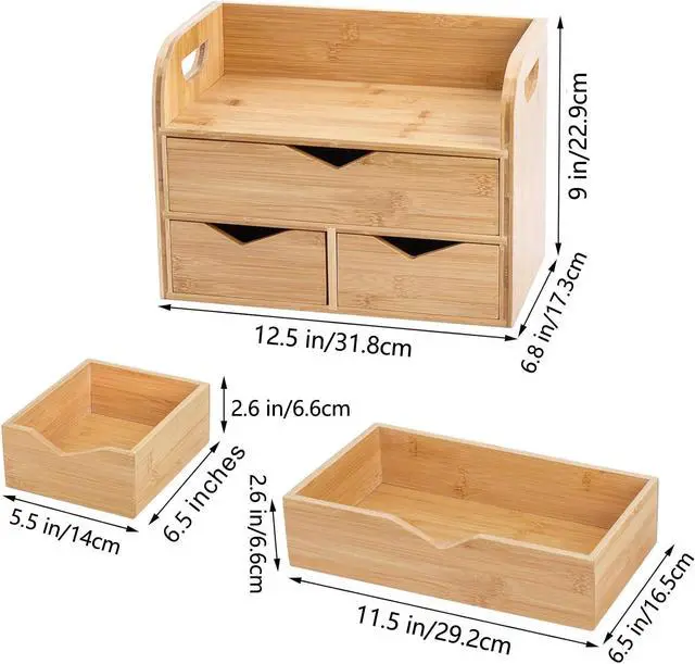 Alt view image 2 of 6 - Hacaroa 3 Tier Bamboo Desktop Organizer with 3 Drawers, Tabletop Craft Box Cosmetic Storage Drawer with Handle, Portable Desk Letter Mail Sorter for Office Supply, Toiletries