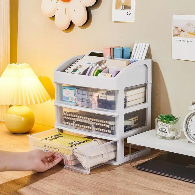 Alt view image 2 of 6 - Desk Organizer with Drawers, 3 Drawers Storage Organizer, Desktop Storage Drawers for Office/School Supplies, Plastic Stationary Makeup Organizer, Desk Storage Box for Office, School, Home