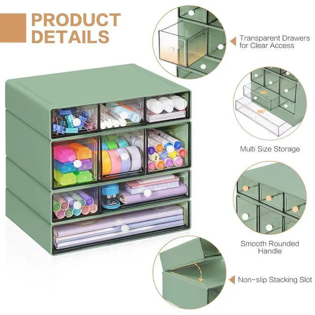 Alt view image 3 of 7 - Desk Storage Organizer with 9 Drawers, 4 Tiers Stackable Desktop Craft Storage Drawers, Clear Storage Box Caddy for Stationary Makeup Jewelry Office Craft Supplies (Green)