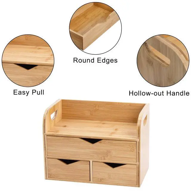 Alt view image 3 of 6 - Hacaroa 3 Tier Bamboo Desktop Organizer with 3 Drawers, Tabletop Craft Box Cosmetic Storage Drawer with Handle, Portable Desk Letter Mail Sorter for Office Supply, Toiletries
