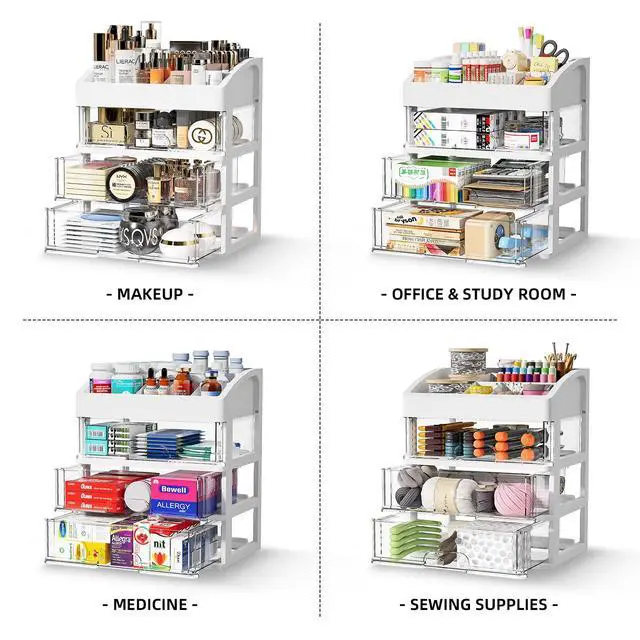 Alt view image 3 of 6 - Desk Organizer with Drawers, 3 Drawers Storage Organizer, Desktop Storage Drawers for Office/School Supplies, Plastic Stationary Makeup Organizer, Desk Storage Box for Office, School, Home