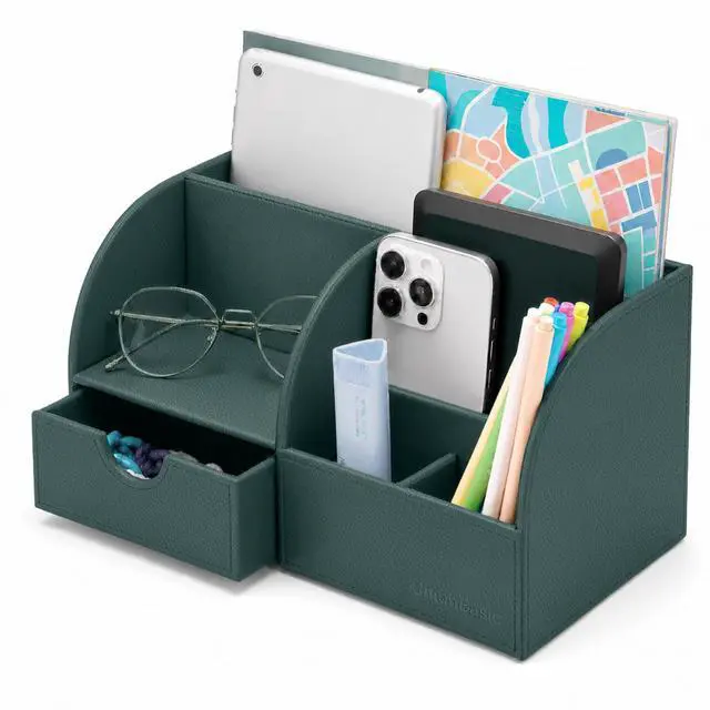 Main image of UnionBasic Desk Organizer - Multifunctional Leather Desktop Pen Holder Storage Box - Business Card/Pen/Pencil/Mobile Phone/Stationery Holder, Dark Ivy