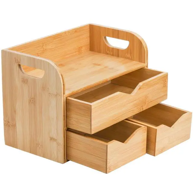 Alt view image 4 of 6 - Hacaroa 3 Tier Bamboo Desktop Organizer with 3 Drawers, Tabletop Craft Box Cosmetic Storage Drawer with Handle, Portable Desk Letter Mail Sorter for Office Supply, Toiletries