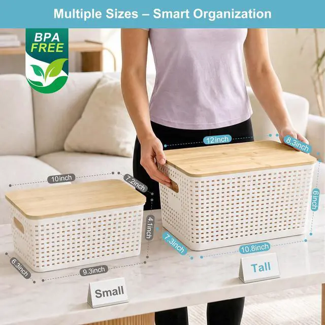 Alt view image 7 of 7 - Bagnizer 2 Pack Tall Plastic Storage Bins with Bamboo Lids, 10.8qt Stackable Storages Baskets for Organizing Desktop Closet Playroom Classroom Office, 12"L x 8.3"W x 6.1"H, Cream White
