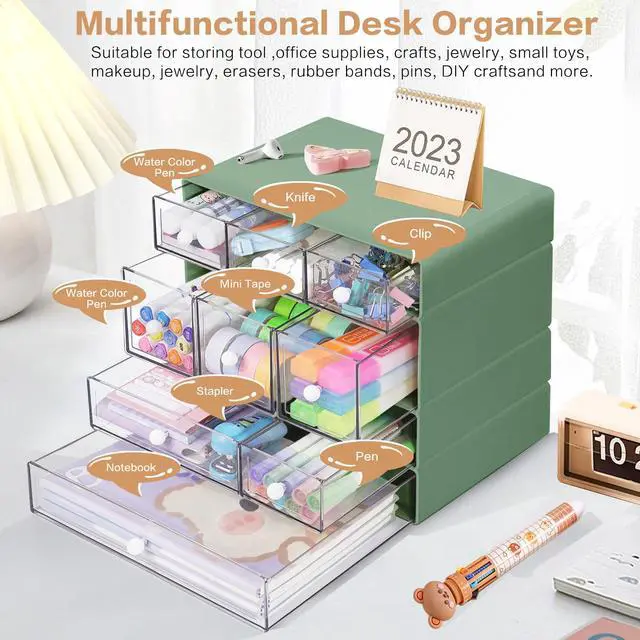 Alt view image 4 of 7 - Desk Storage Organizer with 9 Drawers, 4 Tiers Stackable Desktop Craft Storage Drawers, Clear Storage Box Caddy for Stationary Makeup Jewelry Office Craft Supplies (Green)