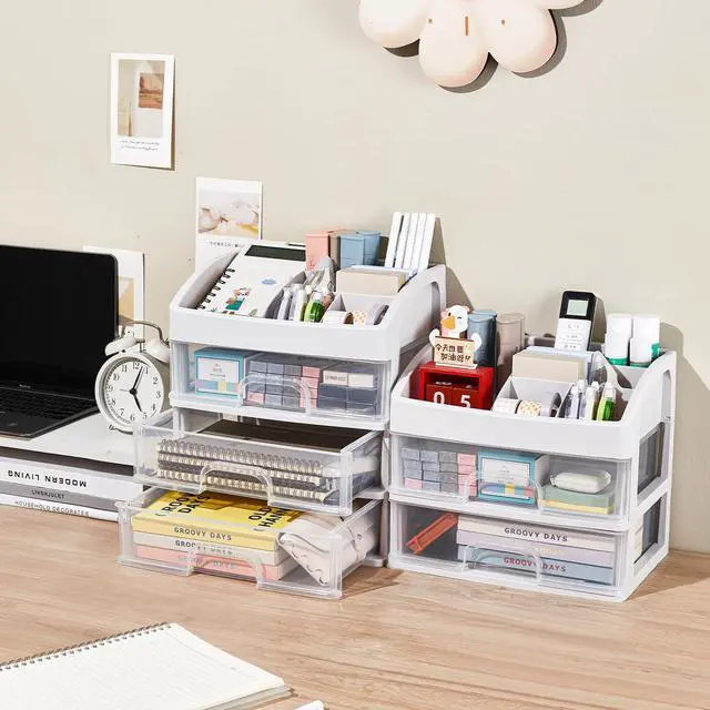Alt view image 4 of 6 - Desk Organizer with Drawers, 3 Drawers Storage Organizer, Desktop Storage Drawers for Office/School Supplies, Plastic Stationary Makeup Organizer, Desk Storage Box for Office, School, Home