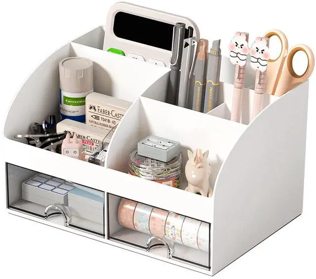 Main image of COMFYROOM Desk Organizer with 6 Compartments and 2 Drawers, Plastic Makeup Organizer, Pen Holder for Desktop Storage, Desk Organization for School, Home, Office Supplies (White)