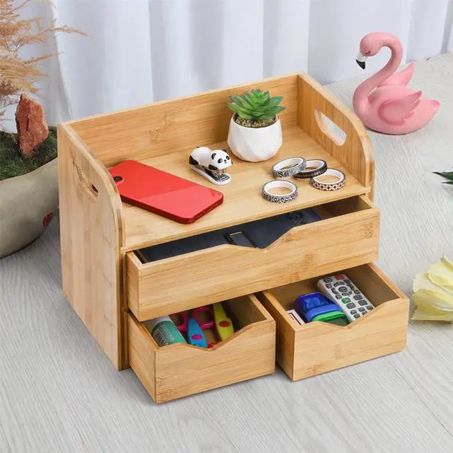 Alt view image 5 of 6 - Hacaroa 3 Tier Bamboo Desktop Organizer with 3 Drawers, Tabletop Craft Box Cosmetic Storage Drawer with Handle, Portable Desk Letter Mail Sorter for Office Supply, Toiletries
