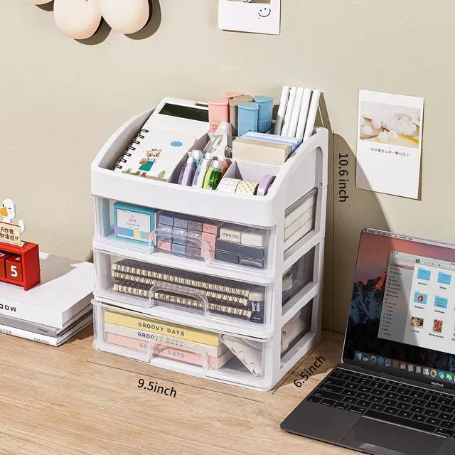 Alt view image 5 of 6 - Desk Organizer with Drawers, 3 Drawers Storage Organizer, Desktop Storage Drawers for Office/School Supplies, Plastic Stationary Makeup Organizer, Desk Storage Box for Office, School, Home