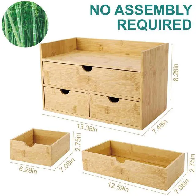 Alt view image 2 of 6 - 3 Drawer Bamboo Desk Organizer with Shelf Makeup Storage & Tabletop Organizer for Home Office, Workspace, or Bathroom No Assembly Required