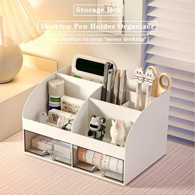 Alt view image 3 of 6 - COMFYROOM Desk Organizer with 6 Compartments and 2 Drawers, Plastic Makeup Organizer, Pen Holder for Desktop Storage, Desk Organization for School, Home, Office Supplies (White)