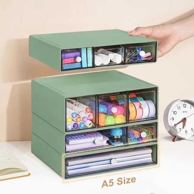Alt view image 6 of 7 - Desk Storage Organizer with 9 Drawers, 4 Tiers Stackable Desktop Craft Storage Drawers, Clear Storage Box Caddy for Stationary Makeup Jewelry Office Craft Supplies (Green)