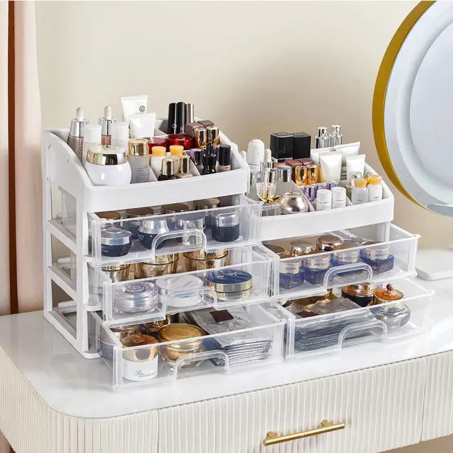 Alt view image 6 of 6 - Desk Organizer with Drawers, 3 Drawers Storage Organizer, Desktop Storage Drawers for Office/School Supplies, Plastic Stationary Makeup Organizer, Desk Storage Box for Office, School, Home