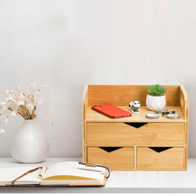 Alt view image 6 of 6 - Hacaroa 3 Tier Bamboo Desktop Organizer with 3 Drawers, Tabletop Craft Box Cosmetic Storage Drawer with Handle, Portable Desk Letter Mail Sorter for Office Supply, Toiletries