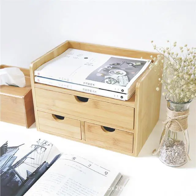 Alt view image 3 of 6 - 3 Drawer Bamboo Desk Organizer with Shelf Makeup Storage & Tabletop Organizer for Home Office, Workspace, or Bathroom No Assembly Required