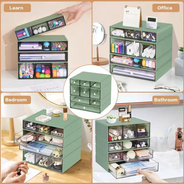 Alt view image 7 of 7 - Desk Storage Organizer with 9 Drawers, 4 Tiers Stackable Desktop Craft Storage Drawers, Clear Storage Box Caddy for Stationary Makeup Jewelry Office Craft Supplies (Green)