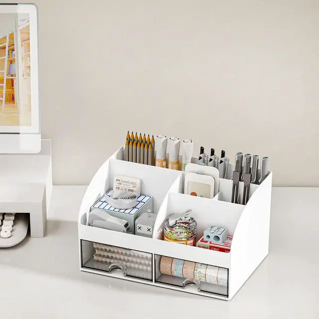 Alt view image 4 of 6 - COMFYROOM Desk Organizer with 6 Compartments and 2 Drawers, Plastic Makeup Organizer, Pen Holder for Desktop Storage, Desk Organization for School, Home, Office Supplies (White)