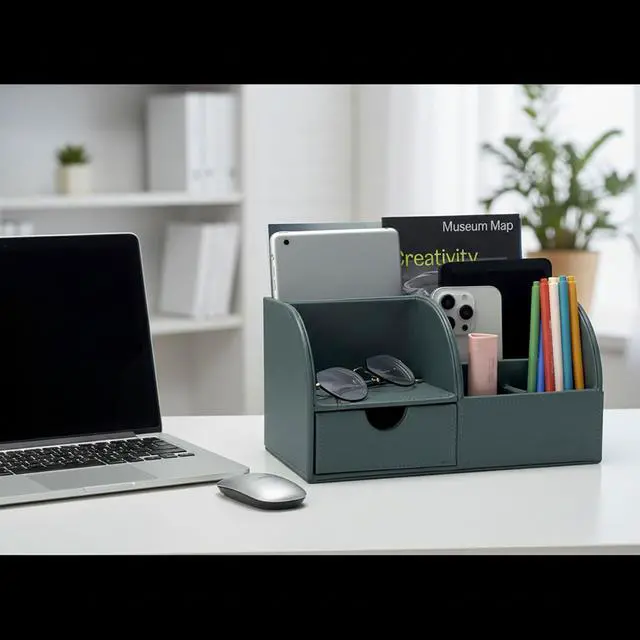 Alt view image 5 of 7 - UnionBasic Desk Organizer - Multifunctional Leather Desktop Pen Holder Storage Box - Business Card/Pen/Pencil/Mobile Phone/Stationery Holder, Dark Ivy