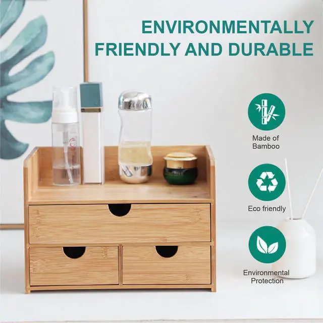 Alt view image 4 of 6 - 3 Drawer Bamboo Desk Organizer with Shelf Makeup Storage & Tabletop Organizer for Home Office, Workspace, or Bathroom No Assembly Required
