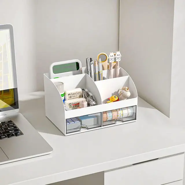 Alt view image 5 of 6 - COMFYROOM Desk Organizer with 6 Compartments and 2 Drawers, Plastic Makeup Organizer, Pen Holder for Desktop Storage, Desk Organization for School, Home, Office Supplies (White)