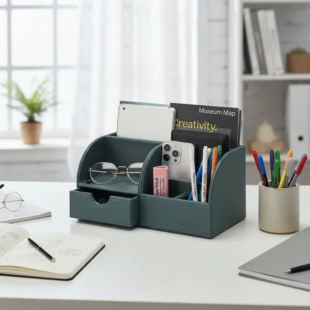 Alt view image 6 of 7 - UnionBasic Desk Organizer - Multifunctional Leather Desktop Pen Holder Storage Box - Business Card/Pen/Pencil/Mobile Phone/Stationery Holder, Dark Ivy