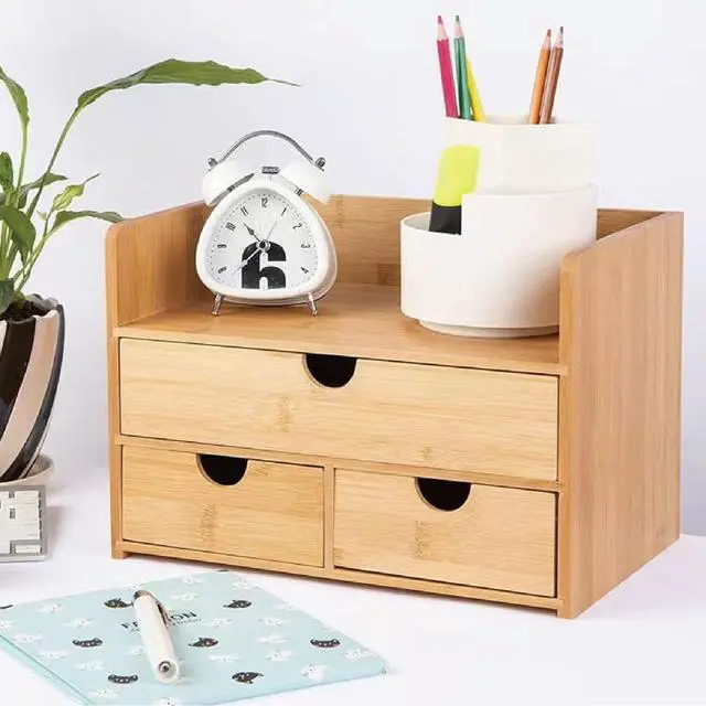 Alt view image 5 of 6 - 3 Drawer Bamboo Desk Organizer with Shelf Makeup Storage & Tabletop Organizer for Home Office, Workspace, or Bathroom No Assembly Required
