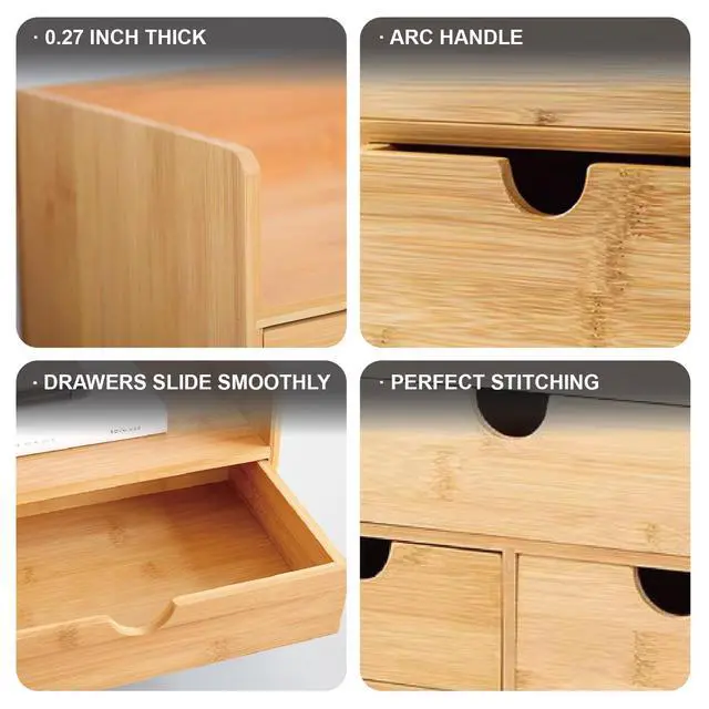 Alt view image 6 of 6 - 3 Drawer Bamboo Desk Organizer with Shelf Makeup Storage & Tabletop Organizer for Home Office, Workspace, or Bathroom No Assembly Required