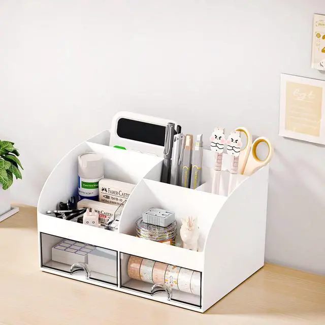 Alt view image 6 of 6 - COMFYROOM Desk Organizer with 6 Compartments and 2 Drawers, Plastic Makeup Organizer, Pen Holder for Desktop Storage, Desk Organization for School, Home, Office Supplies (White)