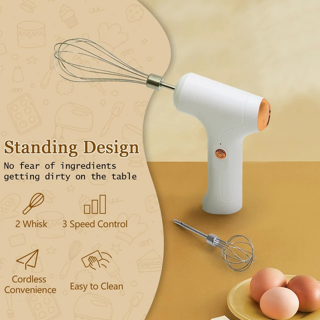 Alt view image 2 of 6 - Cordless Hand Mixer, Handheld Electric Whisk with 3 Speed Modes, Hand Held Egg Beater with 2 Detachable Stir Whisks (White)