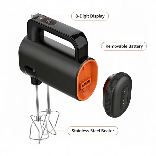 Alt view image 3 of 7 - Cordless Hand Mixer Electric,Removable battery,8-Speed,LED Digital Display