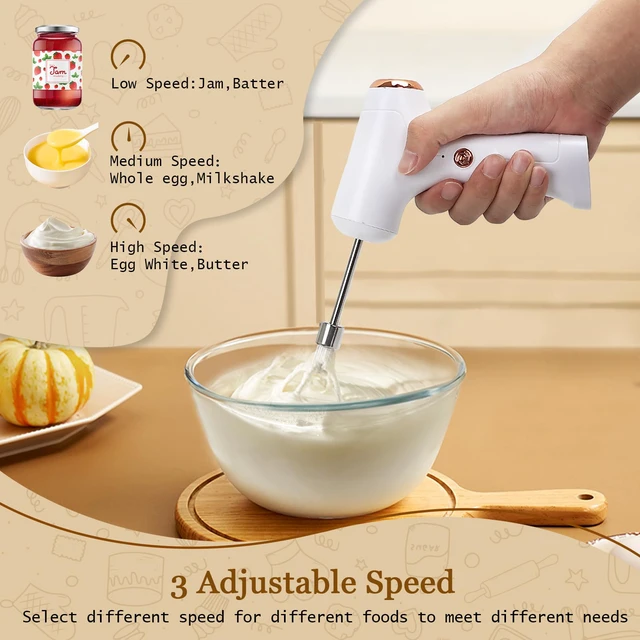 Alt view image 4 of 6 - Cordless Hand Mixer, Handheld Electric Whisk with 3 Speed Modes, Hand Held Egg Beater with 2 Detachable Stir Whisks (White)