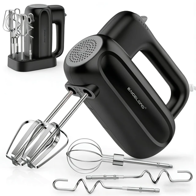 Main image of BAIGELONG Hand Electric Mixer, 5-Speed KitchenMixer with 5 * 304 Stainless Steel Attachments + Storage Base, 200W Portable Food Handheld Mixer for Baking, Whipping Cream, Cake Mixing, Gray/Black