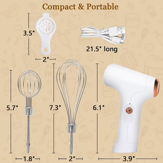 Alt view image 6 of 6 - Cordless Hand Mixer, Handheld Electric Whisk with 3 Speed Modes, Hand Held Egg Beater with 2 Detachable Stir Whisks (White)
