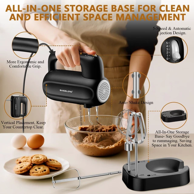 Alt view image 3 of 7 - BAIGELONG Hand Electric Mixer, 5-Speed KitchenMixer with 5 * 304 Stainless Steel Attachments + Storage Base, 200W Portable Food Handheld Mixer for Baking, Whipping Cream, Cake Mixing, Gray/Black